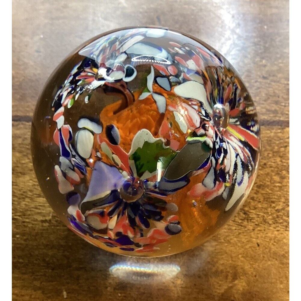 Small Glass Floral Colorful Paperweight Blue White Orange‎ Flaw